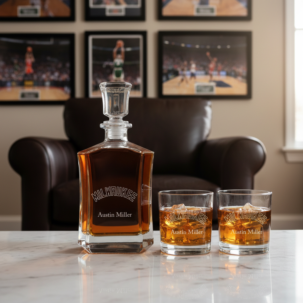 Engraved Milwaukee - Personalized Crown Decanter - Basketball Fanatic Gift Ideas - Man Cave Gifts