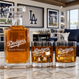 Engraved Los Angeles Dodgers Script Logo - Major league Baseball - Personalized Classic Decanter Set with Old Fashioned Whiskey Glasses