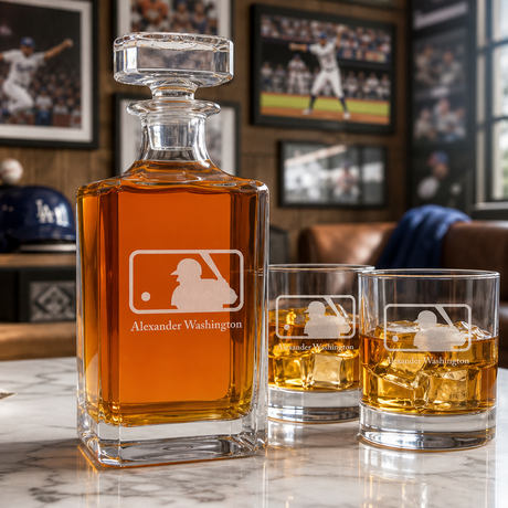 Engraved Major League Baseball Logo - Major league Baseball - Personalized Classic Decanter Set with Old Fashioned Whiskey Glasses