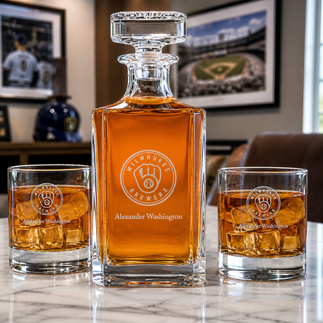 Engraved Milwaukee Brewers Logo - Major league Baseball - Personalized Classic Decanter Set with Old Fashioned Whiskey Glasses