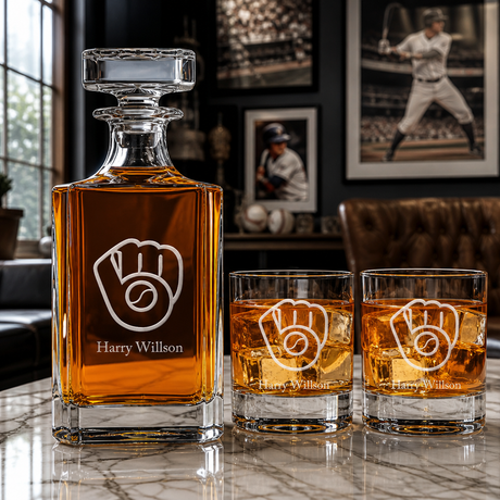 Engraved Milwaukee Brewers Logo - Personalized Classic Decanter Set with Old Fashioned Whiskey Glasses