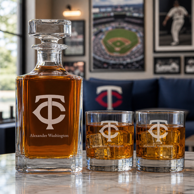 Engraved Minnesota Twins Insignia - Major league Baseball - Personalized Classic Decanter Set with Old Fashioned Whiskey Glasses