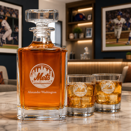 Engraved New York Mets - Major league Baseball - Personalized Classic Decanter Set with Old Fashioned Whiskey Glasses