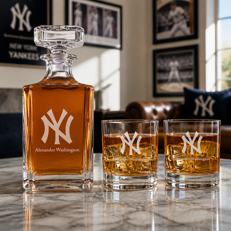 Engraved New York Yankees Cap Logo - Major league Baseball - Personalized Classic Decanter Set with Old Fashioned Whiskey Glasses