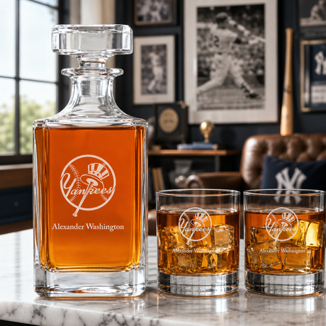 Engraved New York Yankees Logo - Major league Baseball - Personalized Classic Decanter Set with Old Fashioned Whiskey Glasses