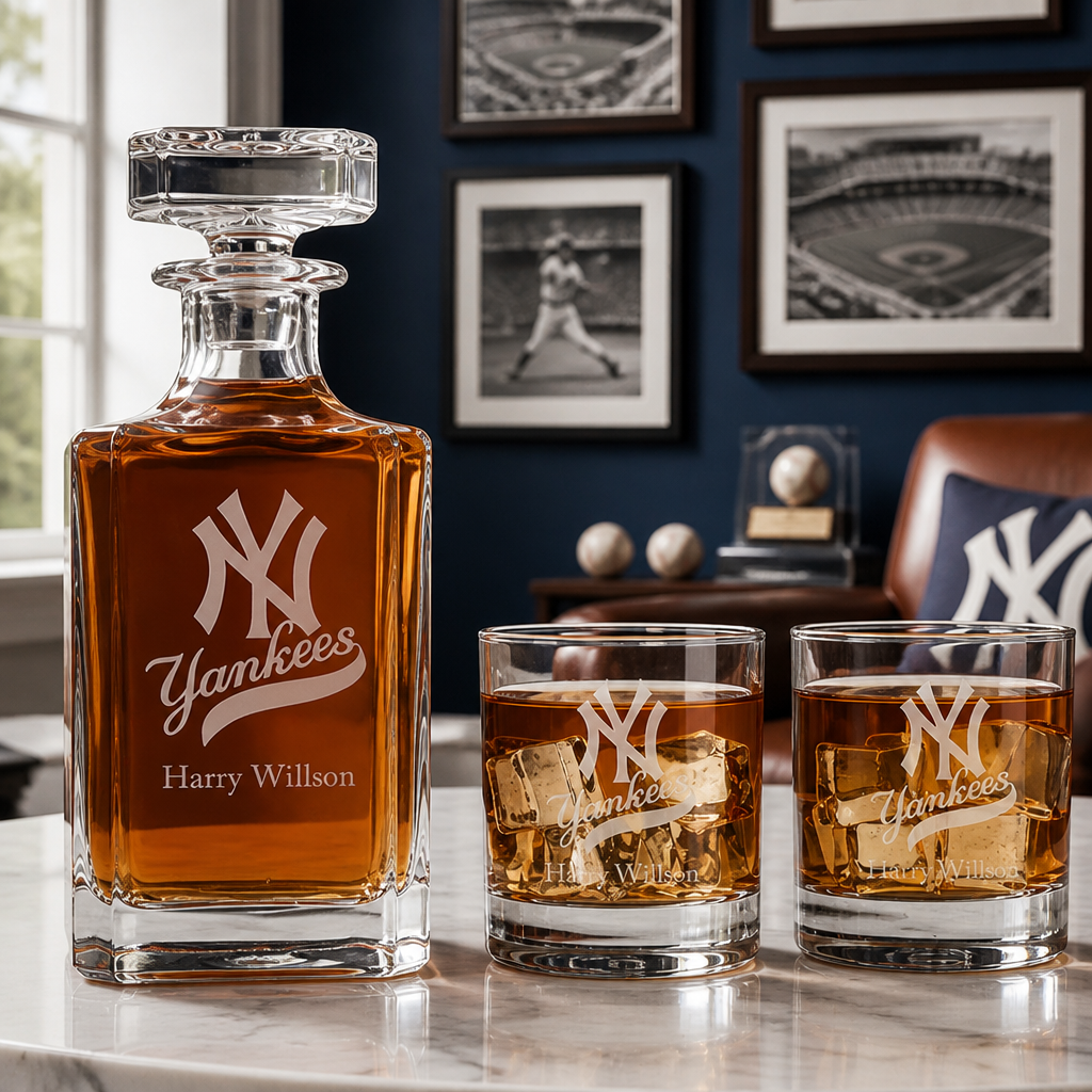 Engraved New York Yankees Logo Personalized Classic Decanter Set with Old Fashioned Whiskey Glasses