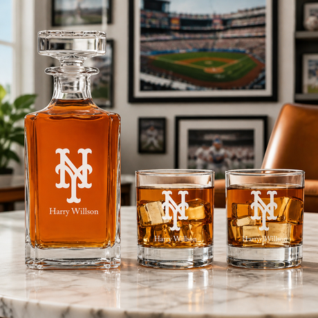 Engraved NY Mets - Personalized Classic Decanter Set with Old Fashioned Whiskey Glasses