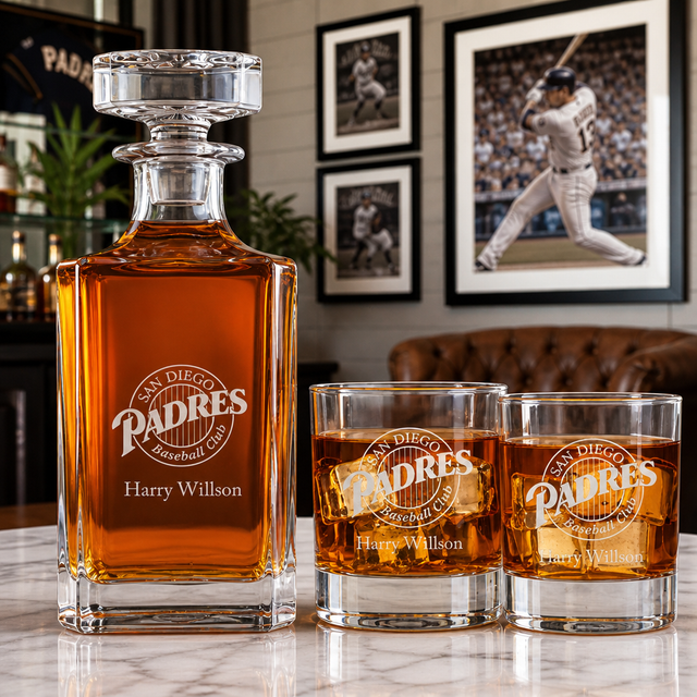 Engraved Padres - Personalized Classic Decanter Set with Old Fashioned Whiskey Glasses