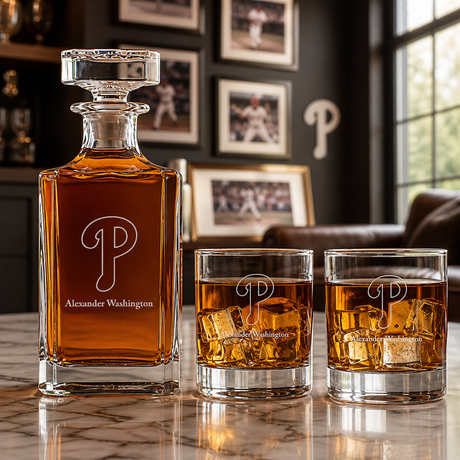Engraved Philadelphia Phillies Insignia - Major league Baseball - Personalized Classic Decanter Set with Old Fashioned Whiskey Glasses
