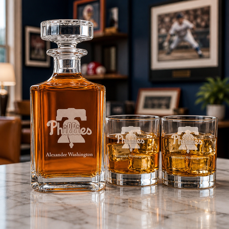 Engraved Philadelphia Phillies Logo - Major league Baseball - Personalized Classic Decanter Set with Old Fashioned Whiskey Glasses