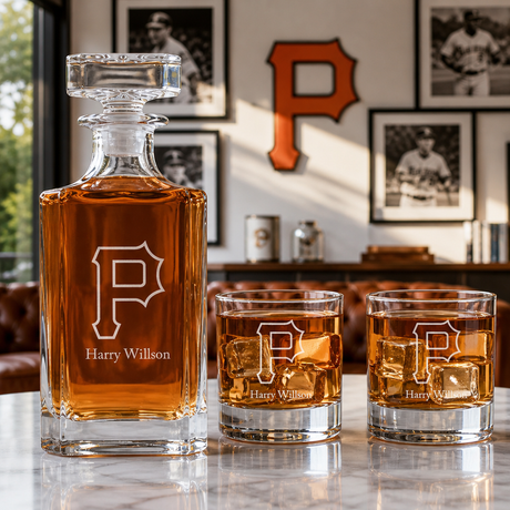 Engraved Pirates Vintage P - Personalized Classic Decanter Set with Old Fashioned Whiskey Glasses