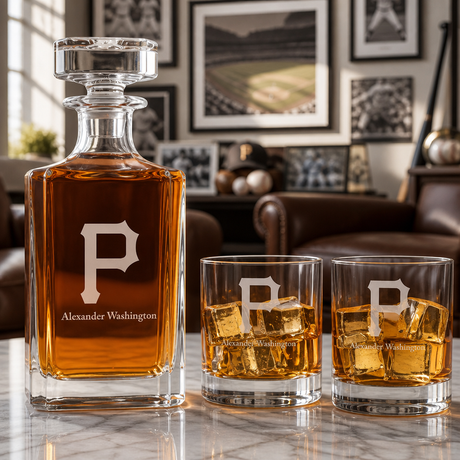 Engraved Pittsburgh Pirates Logo - Major league Baseball - Personalized Classic Decanter Set with Old Fashioned Whiskey Glasses