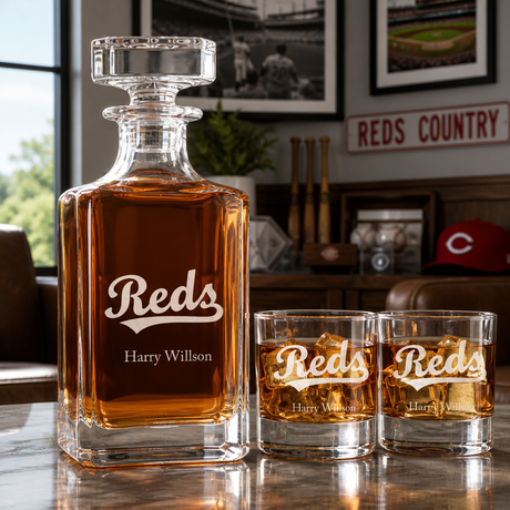 Engraved Reds - Personalized Classic Decanter Set with Old Fashioned Whiskey Glasses