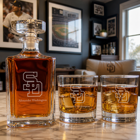 Engraved San Diego Padres Cap Logo - Major League Baseball - Personalized Classic Decanter Set with Old Fashioned Whiskey Glasses