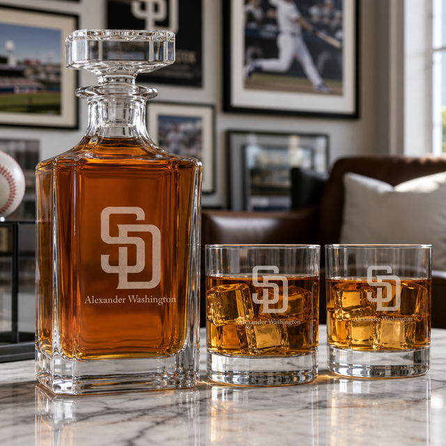 Engraved San Diego Padres Logo - Major League Baseball - Personalized Classic Decanter Set with Old Fashioned Whiskey Glasses