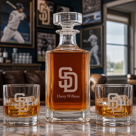 Engraved San Diego Padres - Personalized Classic Decanter Set with Old Fashioned Whiskey Glasses