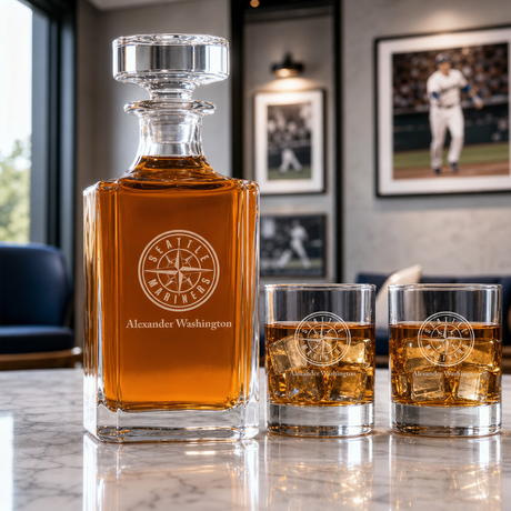 Engraved Seattle Mariners Insignia - Major League Baseball - Personalized Classic Decanter Set with Old Fashioned Whiskey Glasses