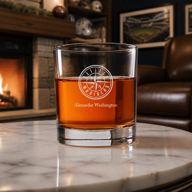 Engraved Seattle Mariners Insignia Rocks Glass - Major League Baseball- Personalized Whiskey Glasses - Man Cave Gift Ideas - Gifts For Him - Baseball Fanatic - 2pcs