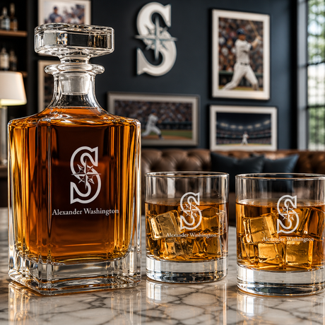 Engraved Seattle Mariners Logo - Major League Baseball - Personalized Classic Decanter Set with Old Fashioned Whiskey Glasses
