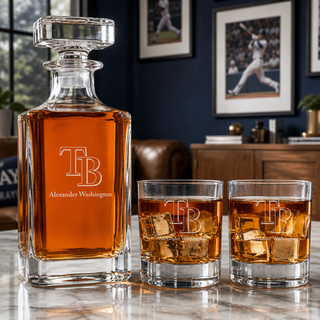 Engraved Tampa Bay Rays Cap Logo - Major League Baseball - Personalized Classic Decanter Set with Old Fashioned Whiskey Glasses