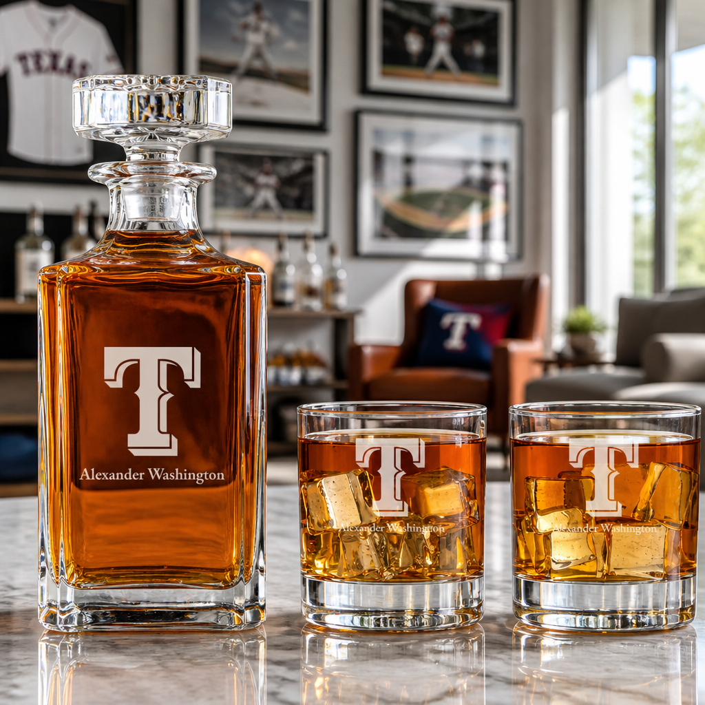 Engraved Texas Rangers Insignia - Major League Baseball - Personalized Classic Decanter Set with Old Fashioned Whiskey Glasses