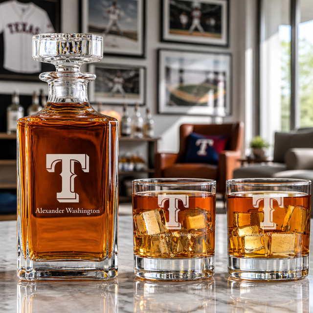 Engraved Texas Rangers Insignia - Major League Baseball - Personalized Classic Decanter Set with Old Fashioned Whiskey Glasses