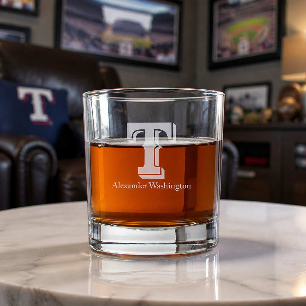 Engraved Texas Rangers Insignia Rocks Glass - Major League Baseball- Personalized Whiskey Glasses - Man Cave Gift Ideas - Gifts For Him - Baseball Fanatic - 2pcs