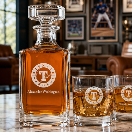 Engraved Texas Rangers - Major League Baseball - Personalized Classic Decanter Set with Old Fashioned Whiskey Glasses