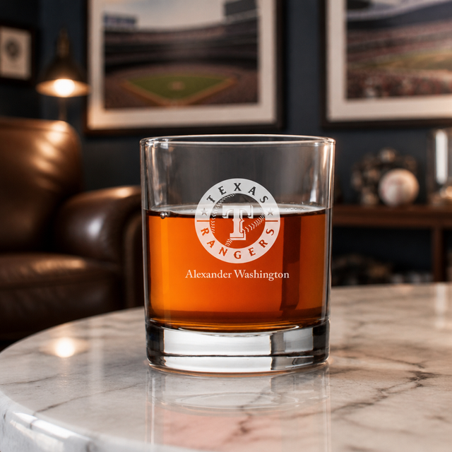 Engraved Texas Rangers Rocks Glass - Major League Baseball- Personalized Whiskey Glasses - Man Cave Gift Ideas - Gifts For Him - Baseball Fanatic - 2pcs