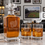 Engraved Washington Nationals Cap - Major League Baseball - Personalized Classic Decanter Set with Old Fashioned Whiskey Glasses
