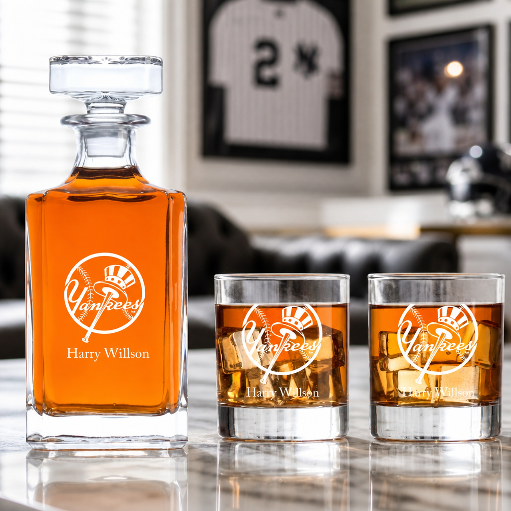 Engraved Yankees - Personalized Classic Decanter Set with Old Fashioned Whiskey Glasses