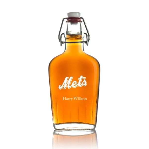 Engraved New York Mets Logo - Personalized Bormioli Rocco Glass Swing Top Pocket Flask