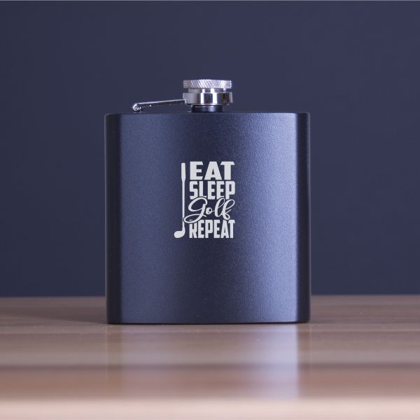 Custom Engraved Golf Eat Sleep Golf Repeat - Personalized 6oz Matte Black Powder Coated Stainless Steel Flask
