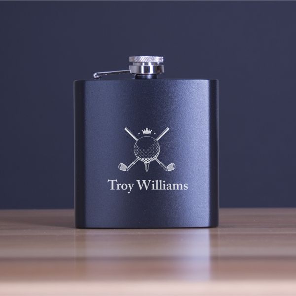 Custom Engraved Golfing Clubs and Ball Forming Cross Bones - Personalized 6oz Matte Black Powder Coated Stainless Steel Flask