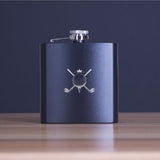 Custom Engraved Golfing Clubs and Ball Forming Cross Bones - Personalized 6oz Matte Black Powder Coated Stainless Steel Flask