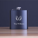 Custom Engraved Golf Clubs and Leaves - Personalized 6oz Matte Black Powder Coated Stainless Steel Flask