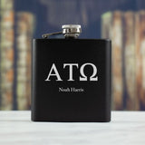 Personalized 6oz Matte Black Powder Coated Stainless Steel FSK602 Custom Engraved Alpha Tau Omega