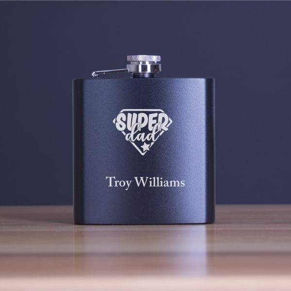 Engraved Super Hero Dad  - Personalized 6oz Matte Black Powder Coated Stainless Steel FSK602