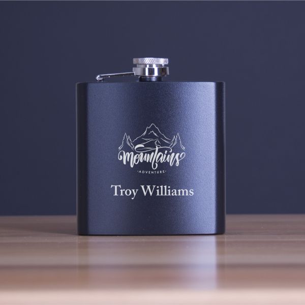 Engraved Mountains - Personalized 6oz Matte Black Powder Coated Stainless Steel FSK602