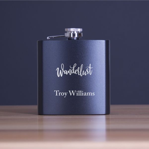 Engraved Wanderlust - Personalized 6oz Matte Black Powder Coated Stainless Steel FSK602
