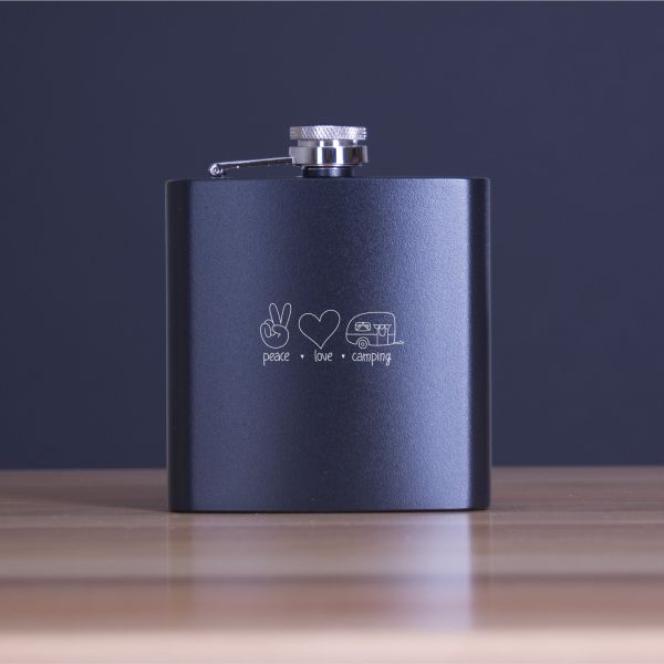 Engraved Peace Love Camping - Personalized 6oz Matte Black Powder Coated Stainless Steel FSK602