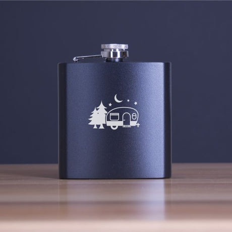 Engraved Camping Trailer - Personalized 6oz Matte Black Powder Coated Stainless Steel FSK602