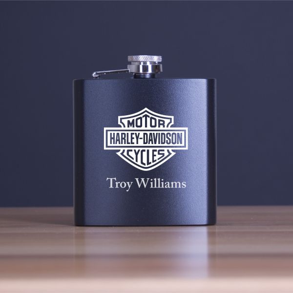 Custom Engraved Motor Harley Davidson Cycles - Personalized 6oz Matte Black Powder Coated Stainless Steel FSK602