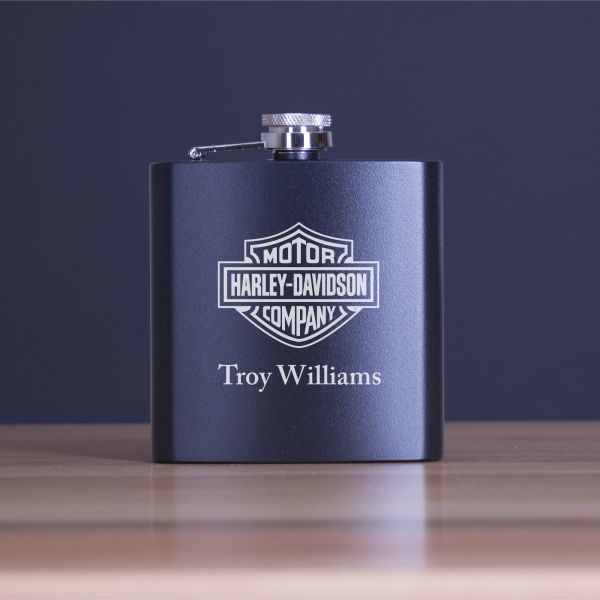Custom Engraved Motor Harley Davidson Company - Personalized 6oz Matte Black Powder Coated Stainless Steel FSK602