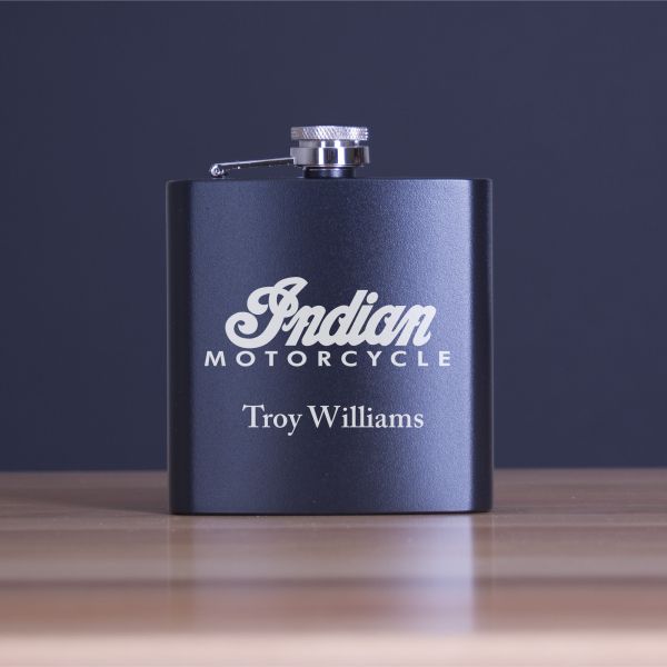 Custom Engraved Indian Motorcycle - Personalized 6oz Matte Black Powder Coated Stainless Steel FSK602
