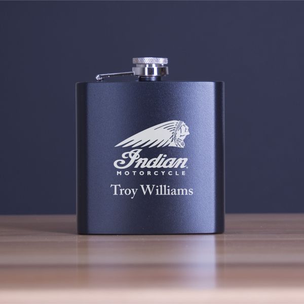 Custom Engraved Indian Motorcycle Logo - Personalized 6oz Matte Black Powder Coated Stainless Steel FSK602