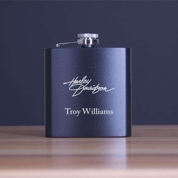 Custom Engraved Harley Davidson - Personalized 6oz Matte Black Powder Coated Stainless Steel FSK602
