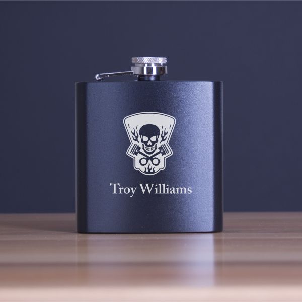 Custom Engraved Skull and Pistons Logo - Personalized 6oz Matte Black Powder Coated Stainless Steel FSK602