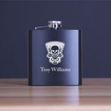 Custom Engraved Skull and Pistons Logo - Personalized 6oz Matte Black Powder Coated Stainless Steel FSK602