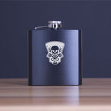 Custom Engraved Skull and Pistons Logo - Personalized 6oz Matte Black Powder Coated Stainless Steel FSK602